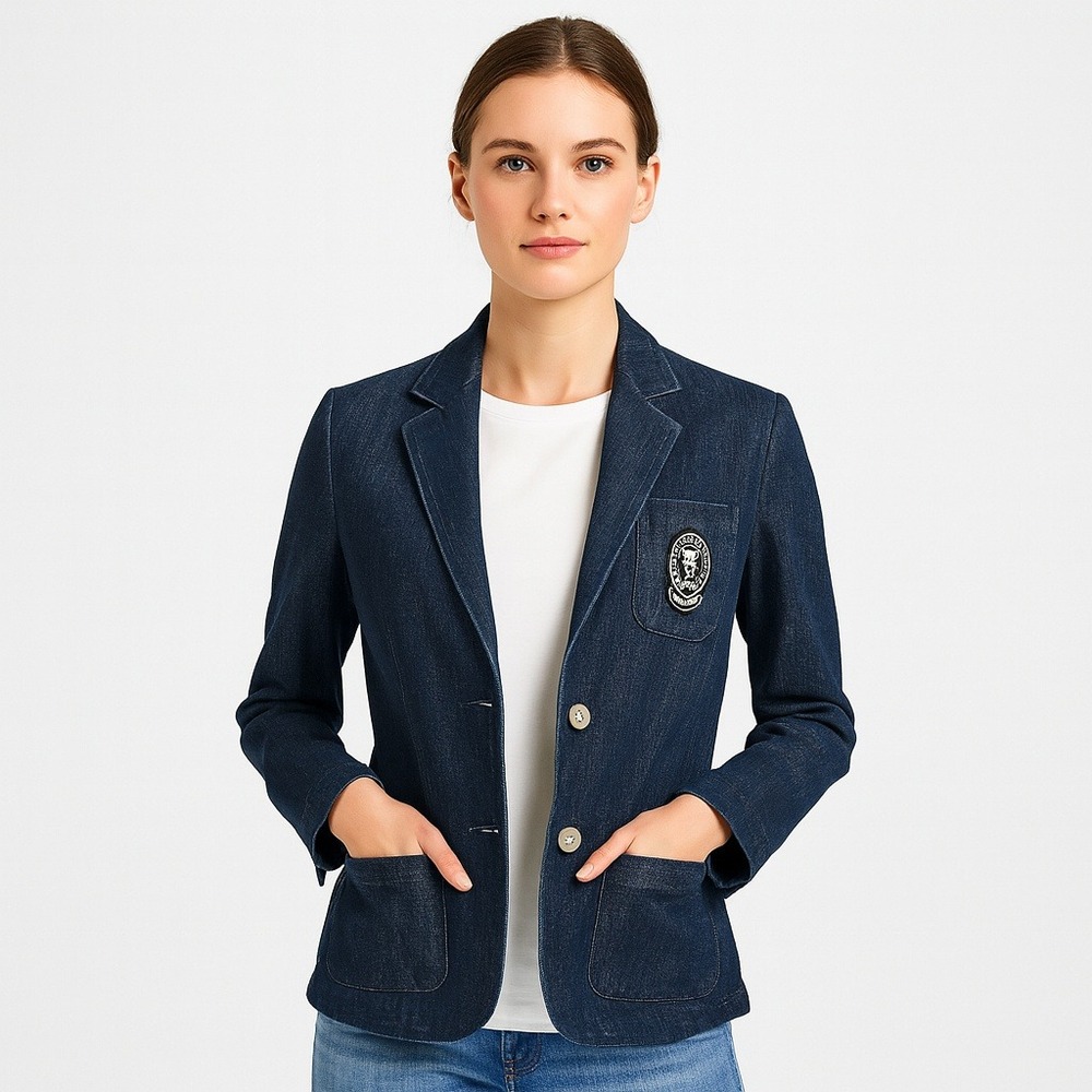 Lauren Jeans Co Women's Denim Blazer Jacket Embroidered Logo 90s Y2K Large - Picture 1 of 10